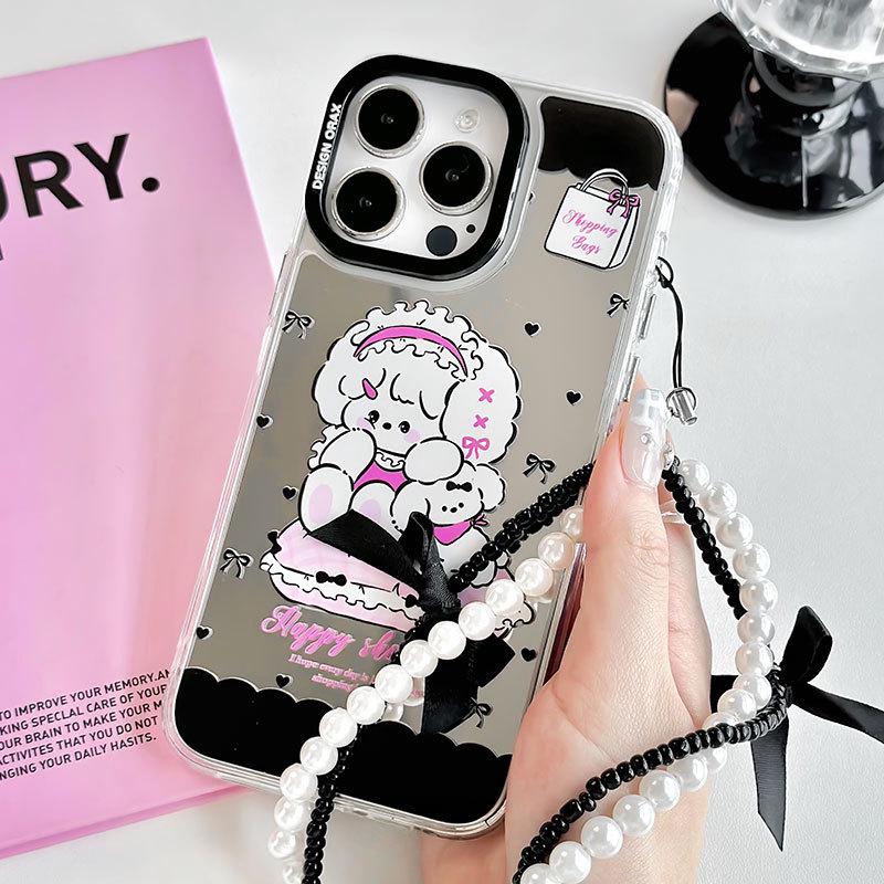 Чехол для iPhone Zhitai: Мультяшный дизайн, Браслет, Зеркало три-в-одном для iPhone 12/13/14/15 Pro Max Защитный чехол