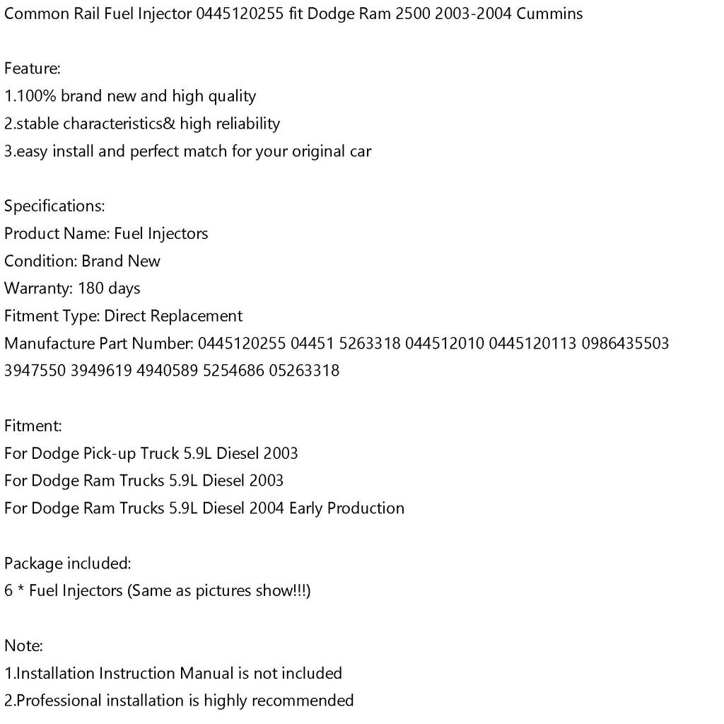 6 шт. Топливная форсунка Common Rail 0445120255 Подходит для Dodge Ram 2500 2003-2004 Cummins