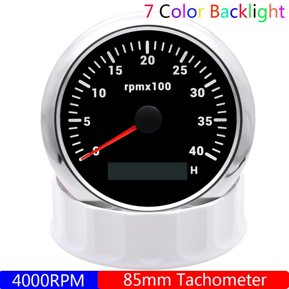 85MM Diesel Engine Tachometer 3000/4000/6000/8000 RPM Gauge REV Counter with Digital Hourmeter 7 Color Backlight 12V 24V
