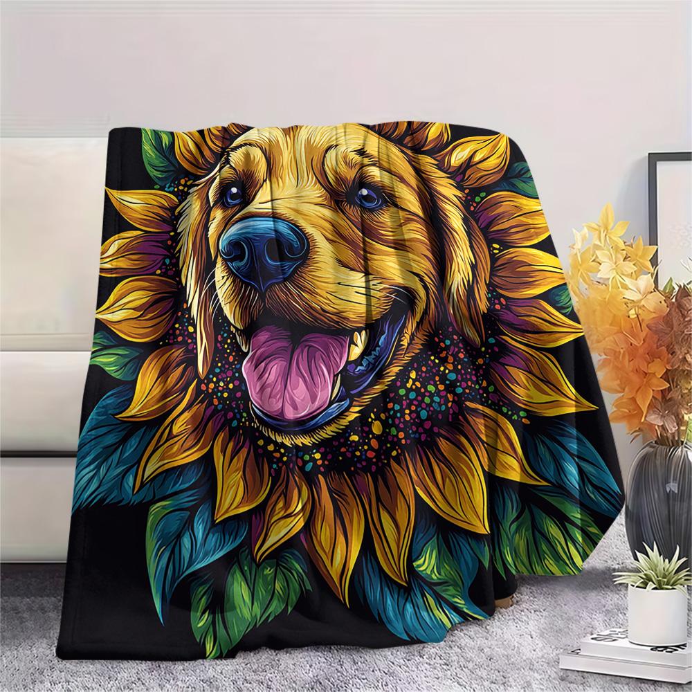 Sunflower Dog Print Flannel Blanket, High quality Comfortable for All Seasons, Home Decor, Warmth and Comfort, Perfect for Christmas Gifts