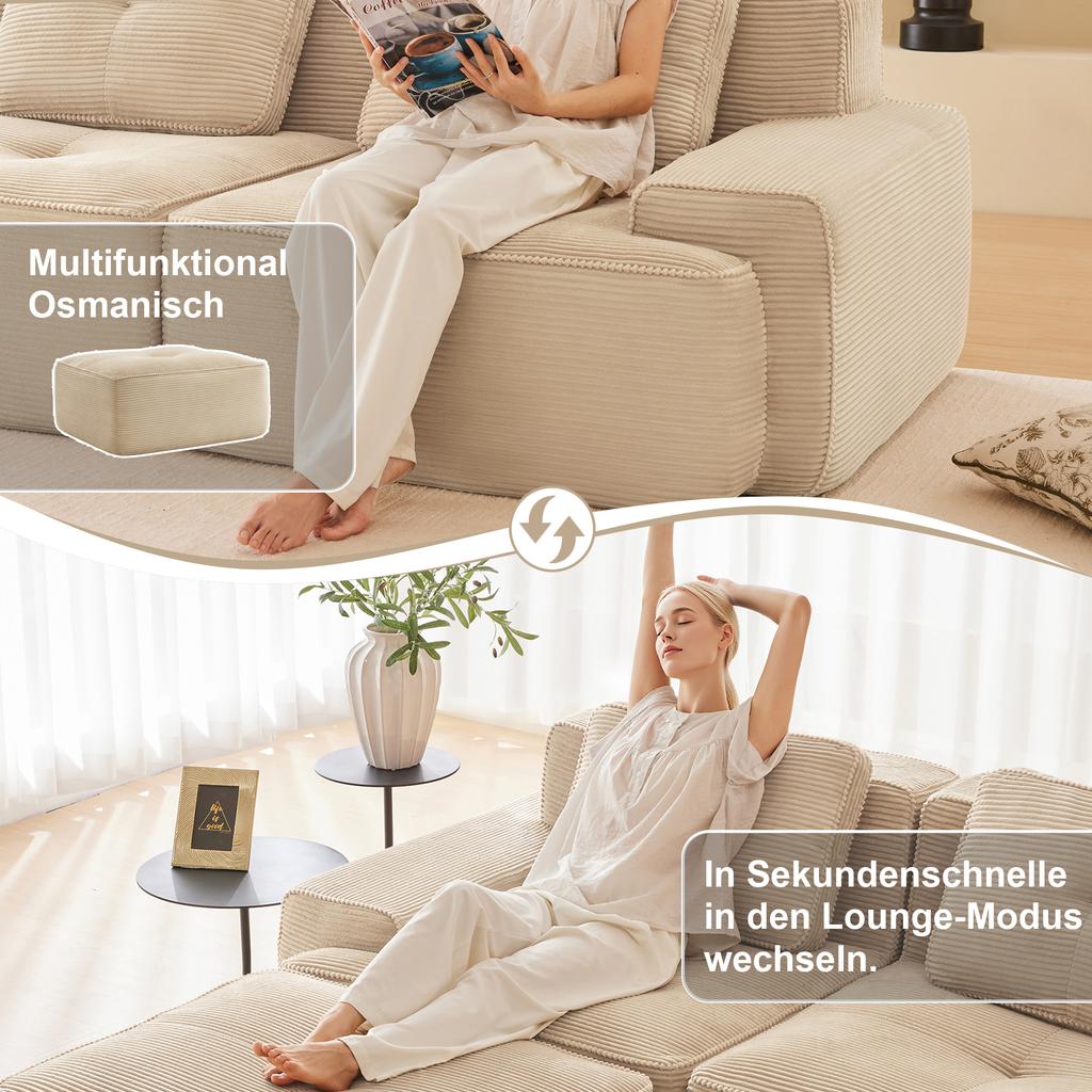 Boneless Sofas for Living Room, Modular Sofa, 4-Seater Comfortable Upholstered Deep-Seat Corduroy Cloud Sofa, Assembly-Free, Non-Slip Design, Beige
