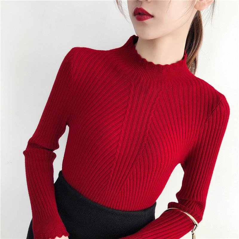 Long Sleeved Bottoming Knitted Sweater Women Autumn Winter Laciness Mock Neck Tight Fit Pullover Top