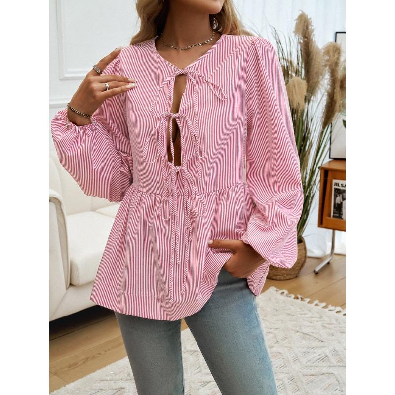 Женские осенние и зимние топы, повседневная свободная полосатая рубашка с рукавами-фонариками и завязкой