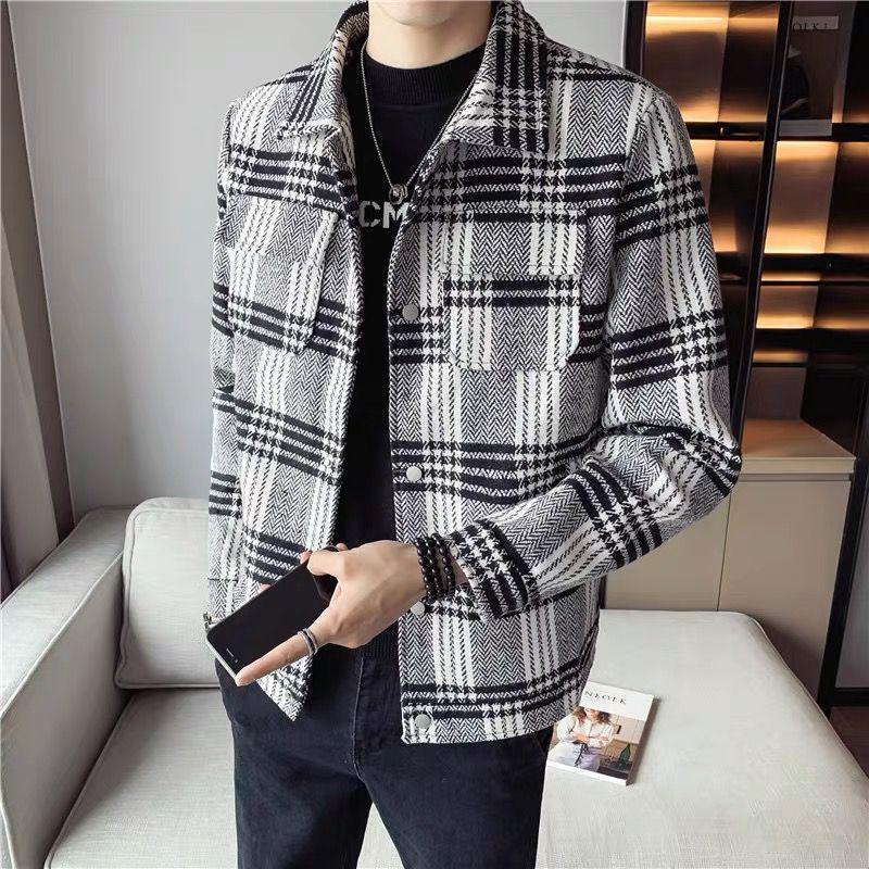 Men's Trendy Plaid Wool Jacket - Slim, Thick, Short Coat for Autumn and Winter