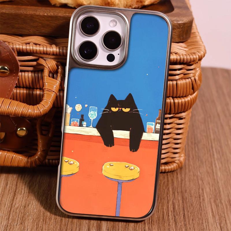 Скучный черный кот в баре подходит для чехла на мобильный телефон iPhone16/17pro 14 гальванический 13 матовый PC15 креативный 12 наборов
