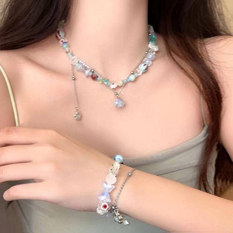 Design sense niche beaded necklace glazed flower gravel handmade collarbone chain retro neck chain necklace