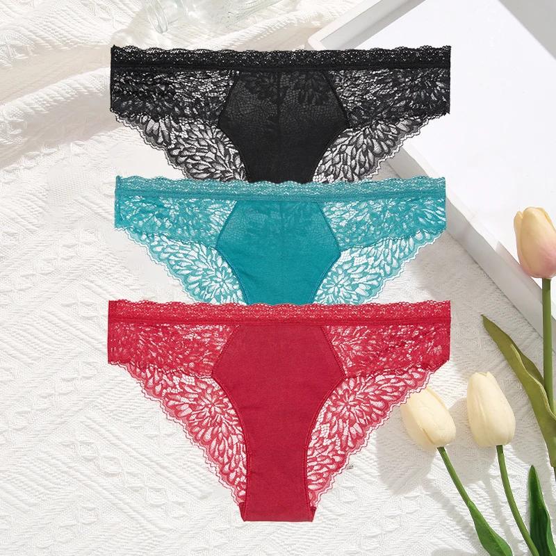 3Pcs/Set Women Sexy Lace Panties Transprant Hollow Out Low Waist Briefs Female Solid Soft Breathable Comfort Underwear Lingerie