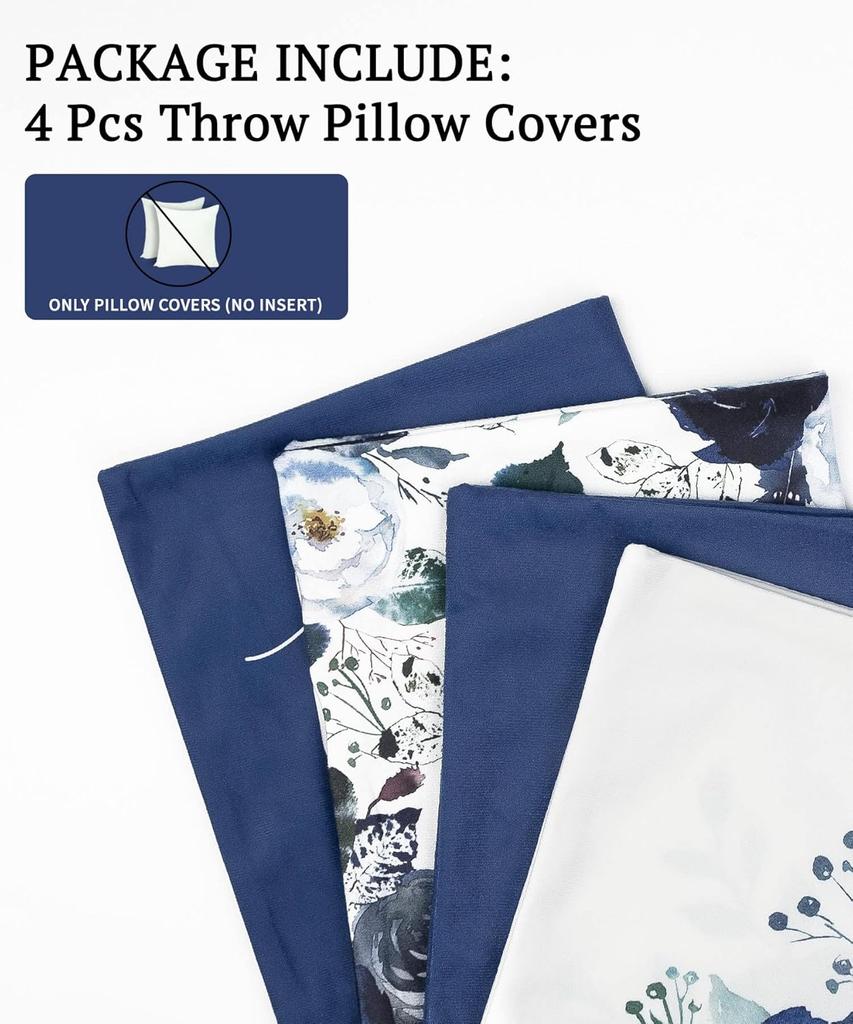 Navy Blue Throw Pillow Covers Floral Roses Flower White Grey Pillows Decorative Throw Spring Velvet Cushion Case Set Of 4 For