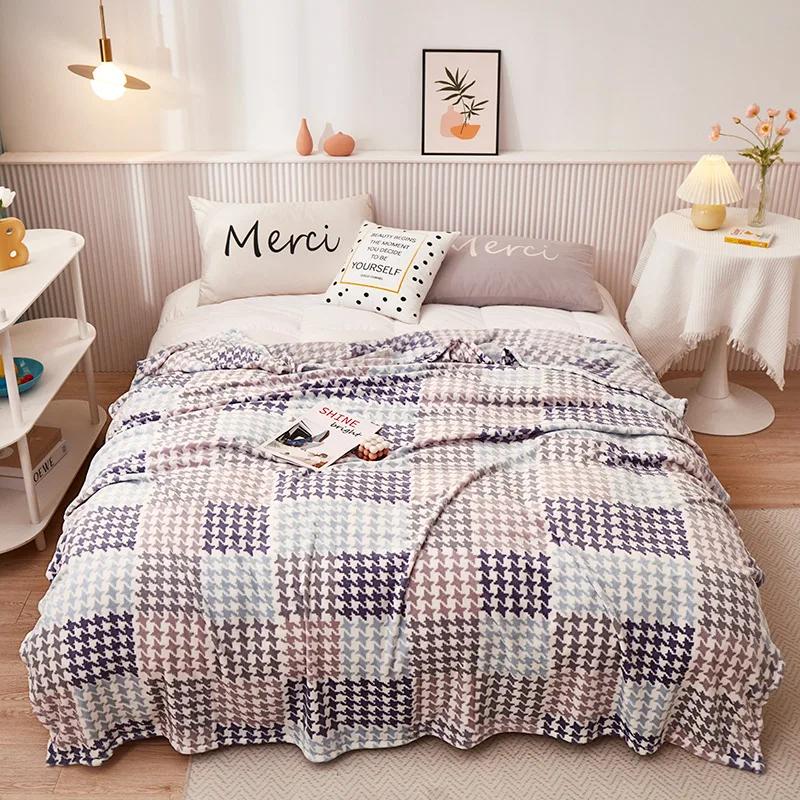 Fashion Houndstooth Cozy Warm Blanket Fall Winter Skin-friendly Flannel Bed Sheets Warmth Sofa Blankets Throw Shawl Blanket Knee