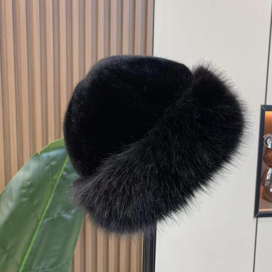 Women Winter Hat Thick Plush Faux Fur Heat Retention Windproof Mongolia Style Bucket Hat Solid Color Outdoor Cycling Skiing Panama Cap