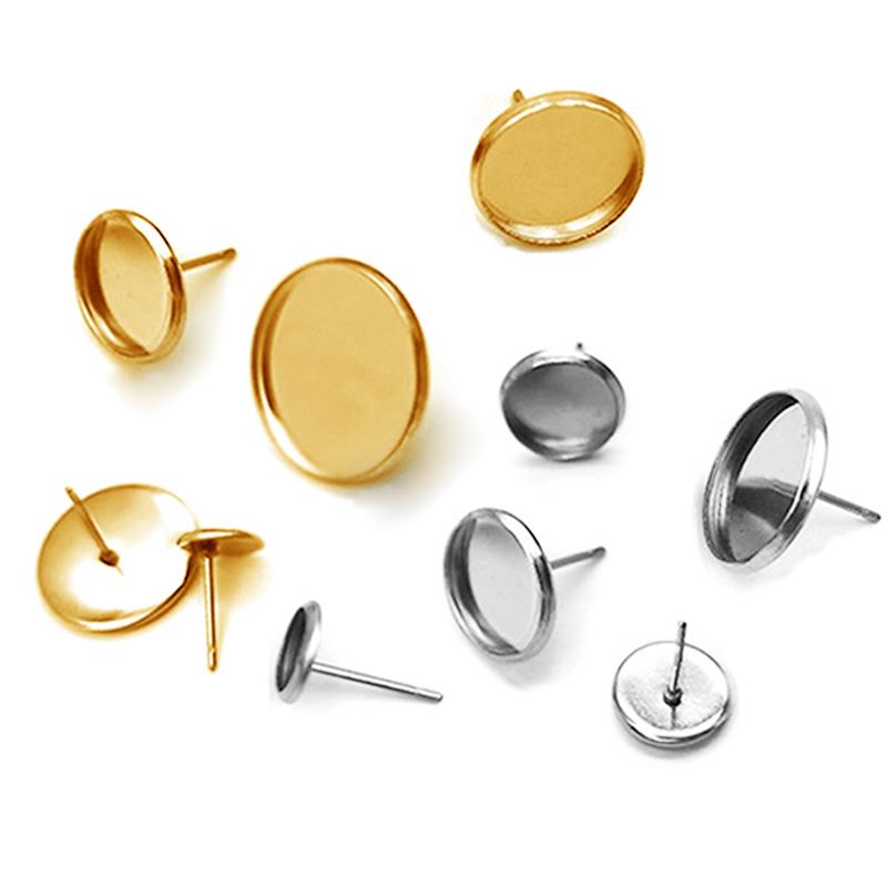 20pcs Gold Color Stainless Steel Earring Base Glass Cabochon Cameo Blank Base Settings Bezels Tray Round DIY Earrings Making