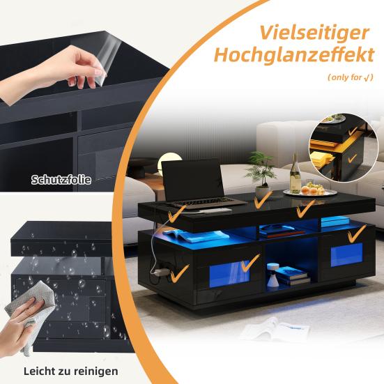 100x50x43cm Black High-Gloss Coffee Table, with LED Lights Controllable, Mobile App, Living Room Table with Cabinet, Sofa Table with Charging Port And