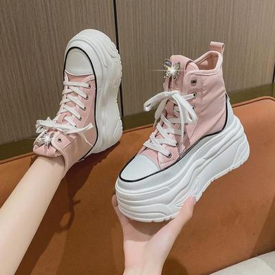 Осень 2024 г. Женские высокие кроссовки с круглым носком: Толстая подошва, визуально увеличивающая рост, повседневный уличный стиль.