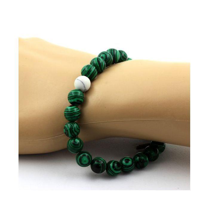 Pierres et Minéraux. Bracelet Perles Malachite + Howlite 8 mm. Fabriqué en France.