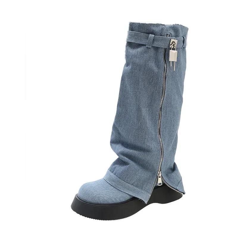 Плиссированные синие джинсовые высокие женские туфли на толстом каблуке в ковбойском стиле слипоны на платформе Western с длинной молнией Botas De Mujer Goth