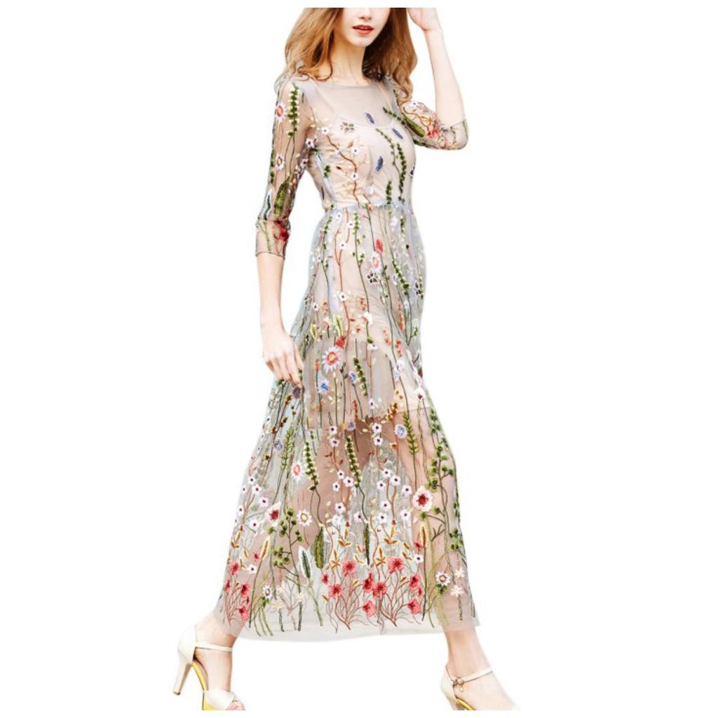 Women's Seaside Holiday Beach Long Dress Mid-length Retro Embroidery Mesh Dress