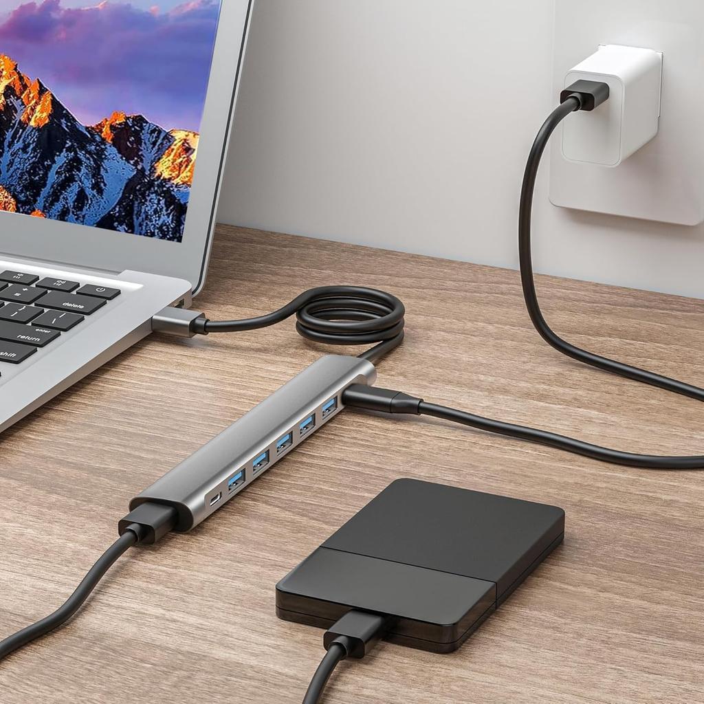 USB-концентратор с длинным кабелем, 8 портов, разветвитель USB x USB, основной кабель питания для ноутбука 3.0 6, (с блоком питания USB-C 5 В/3 А) (47 дюймов/120 см)