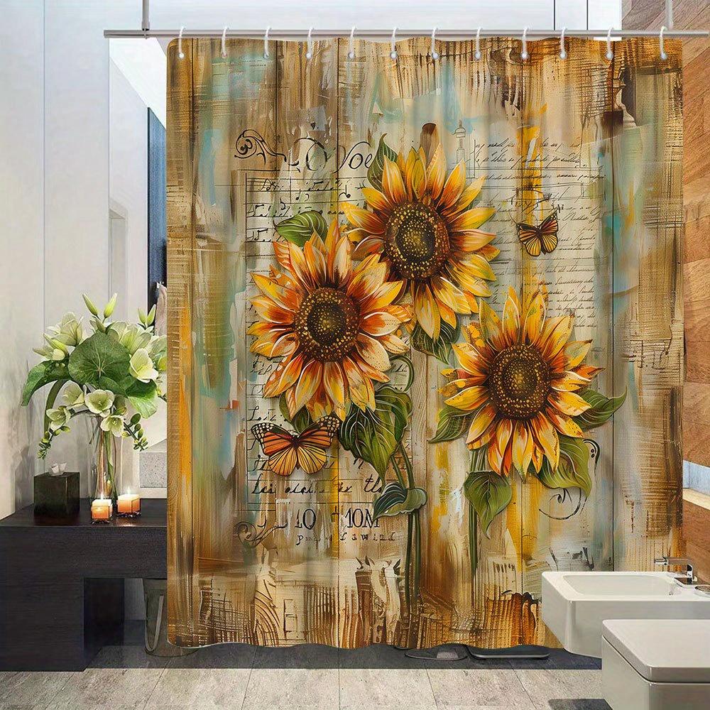 Sunflower Countryside Shower Curtain - Three Golden Sunflowers & Butterfly Pattern, Scenic Beauty, Polyester Bathroom Decor