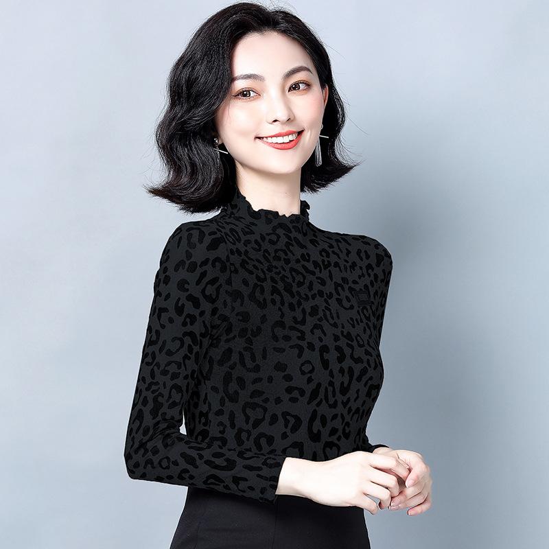 Autumn Leopard Print Slim Body Shirt Mesh Base Shirt for Women with Thin Casual Half-high Neck Temperament T-shirt