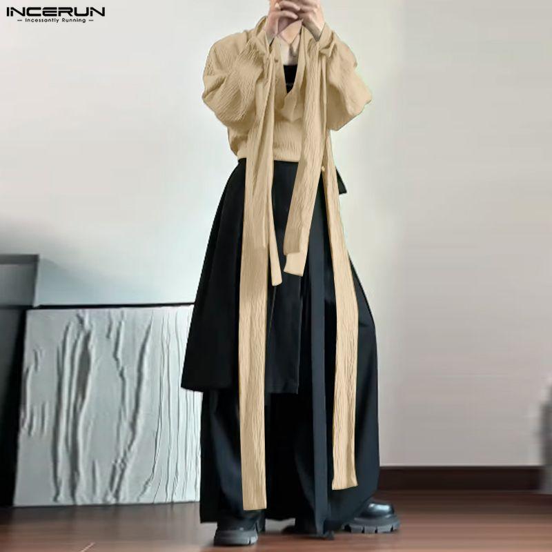 INCERUN Мужские рубашки оверсайз с отложным воротником, длинным рукавом, оборками и неровным низом