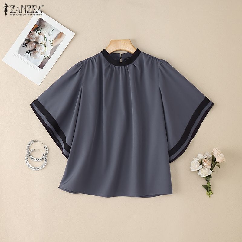 ZANZEA Женская повседневная блузка с круглым вырезом, свободного кроя, с оборками и короткими рукавами