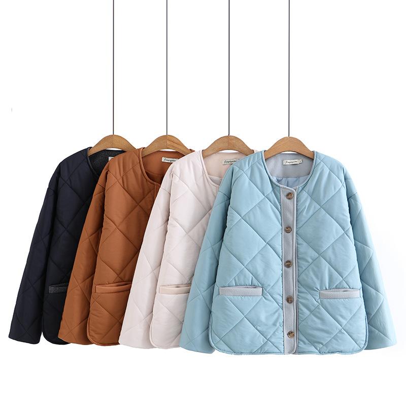 Парки Женская одежда Осеннее стеганое пальто Свободный крой Аргайл Сплайс О-образный вырез Длинный рукав Однобортная теплая куртка