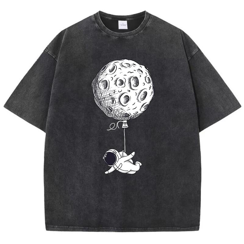 Floating Astronaut Printing Female Washed Short T-Shirt Fashion Casual Tshirt Street Hip Hop Tops Summer Loose Distress Clothes