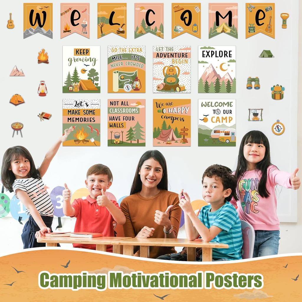 Outus 28 Pcs Camping Welcome Bulletin Board Posters Decor Set Motivational Theme Classroom Decorations pirational Quotes Paper Cutouts for Back to