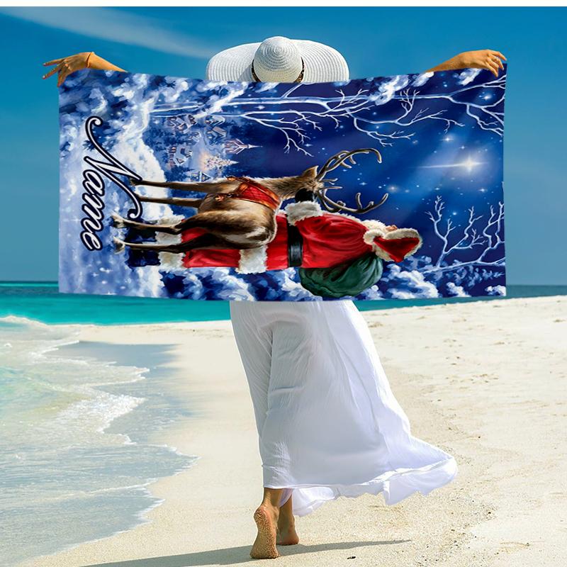 Custom Name Ultra-Soft Beach Towel with Christmas Santa Claus Theme,Ideal for Pool - Camping, Diving - Perfect Travel Essential, Vibrant Beach Towel.