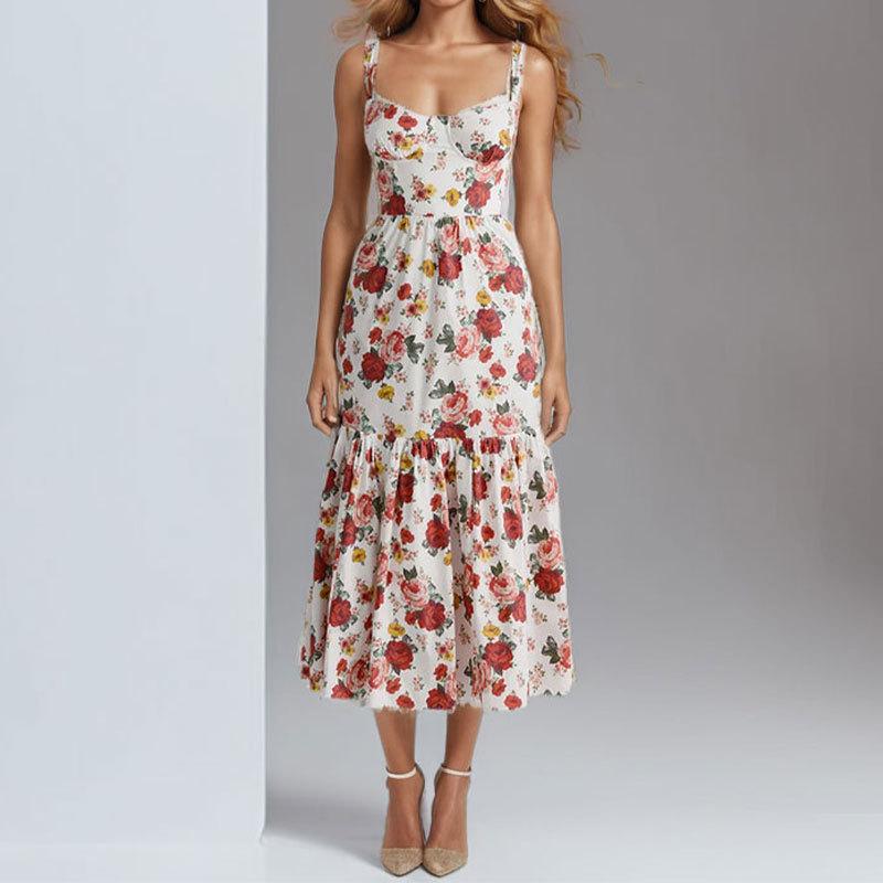 2025 новая женская одежда темперамент сексуальное принтовое платье с открытой спиной плиссированное без рукавов на подтяжках