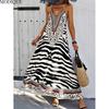 MODIQUE 2025 Summer New Women's Retro Sexy Zebra Stripe Print Backless Halter Neck Long Dress Ladies Casual A-Line Sleeveless Dress
