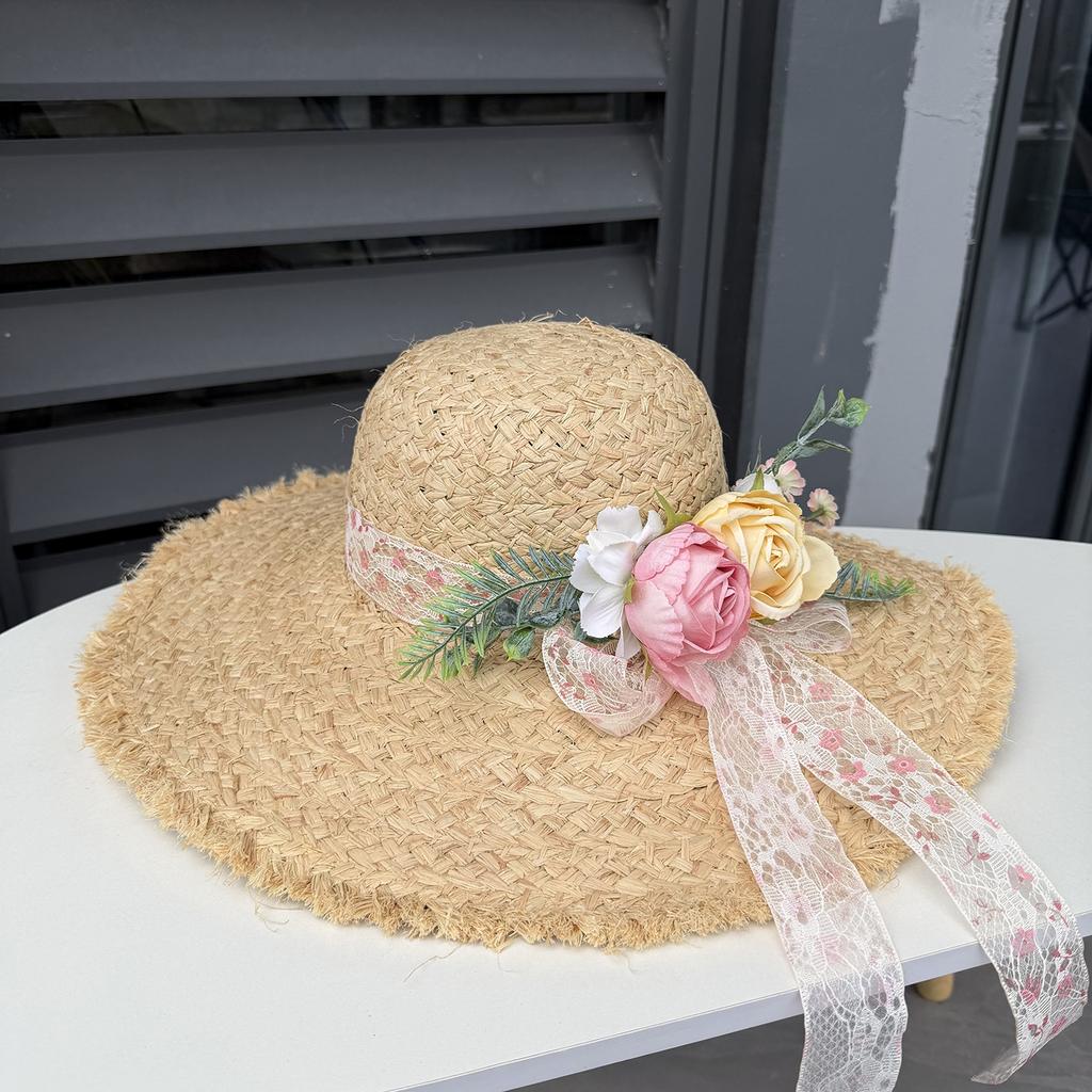 Sweet Flower Lafite Straw Hat Summer Seaside Vacation UV Protection Beach Hat Ladies Big Edge Sun Hat