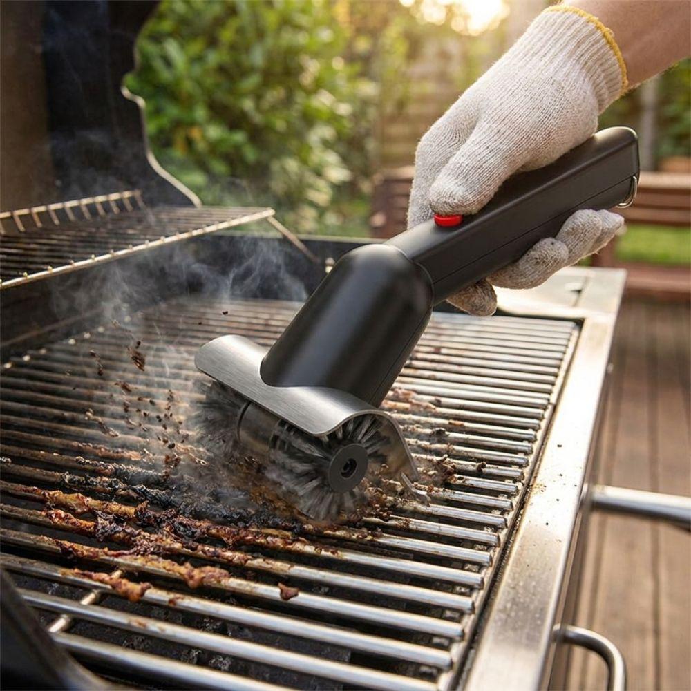 Stainless Steel Electric BBQ Cleaning Brush Double Wheel Roller Grill Brush  Household