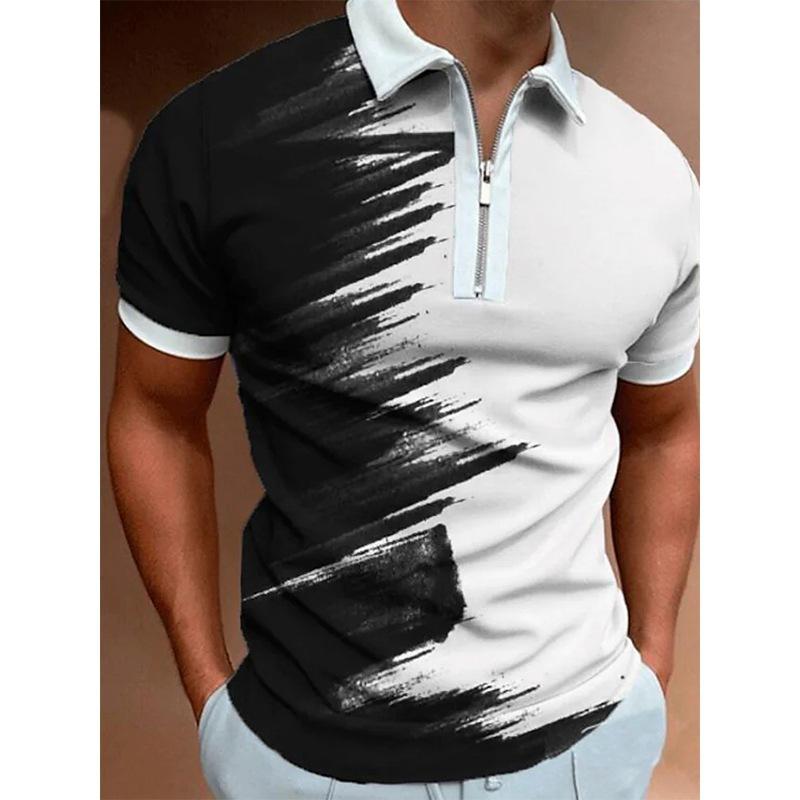 Trendy Short-sleeve Polo Shirt with Checkered Graphic, Zipper Collar, Stylish 2 Tone Design.