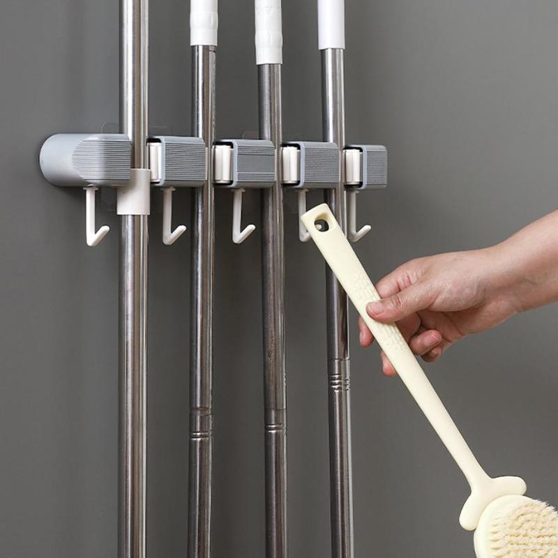 Wall Mounted Mop Holder Multi-Functional Broom Hanger Shelf Home Kitchen Storage Bathroom Suction Hanging Pipe Traceless Hooks