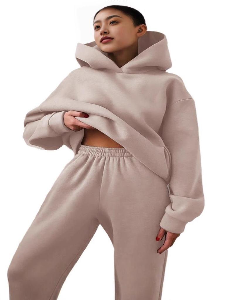 Женский однотонный повседневный утолщенный свитшот и длинные брюки, комплект из двух предметов - Коллекция Осень/Зима