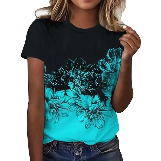 Летние Элегантные Темпераментные Ретро Женские Футболки с 3D Цветочным Принтом, Круглым Вырезом и Коротким Рукавом