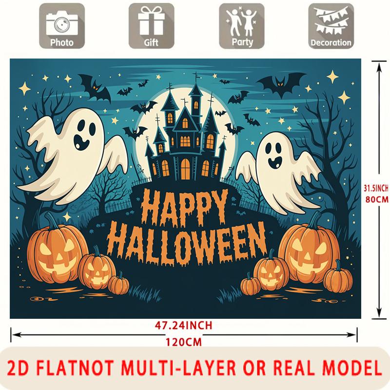 Party Backdrop Halloween Castle Flat Spooky Ghost Pumpkins Multi Layered Celebrations Photo Background Decor Front Door Decor