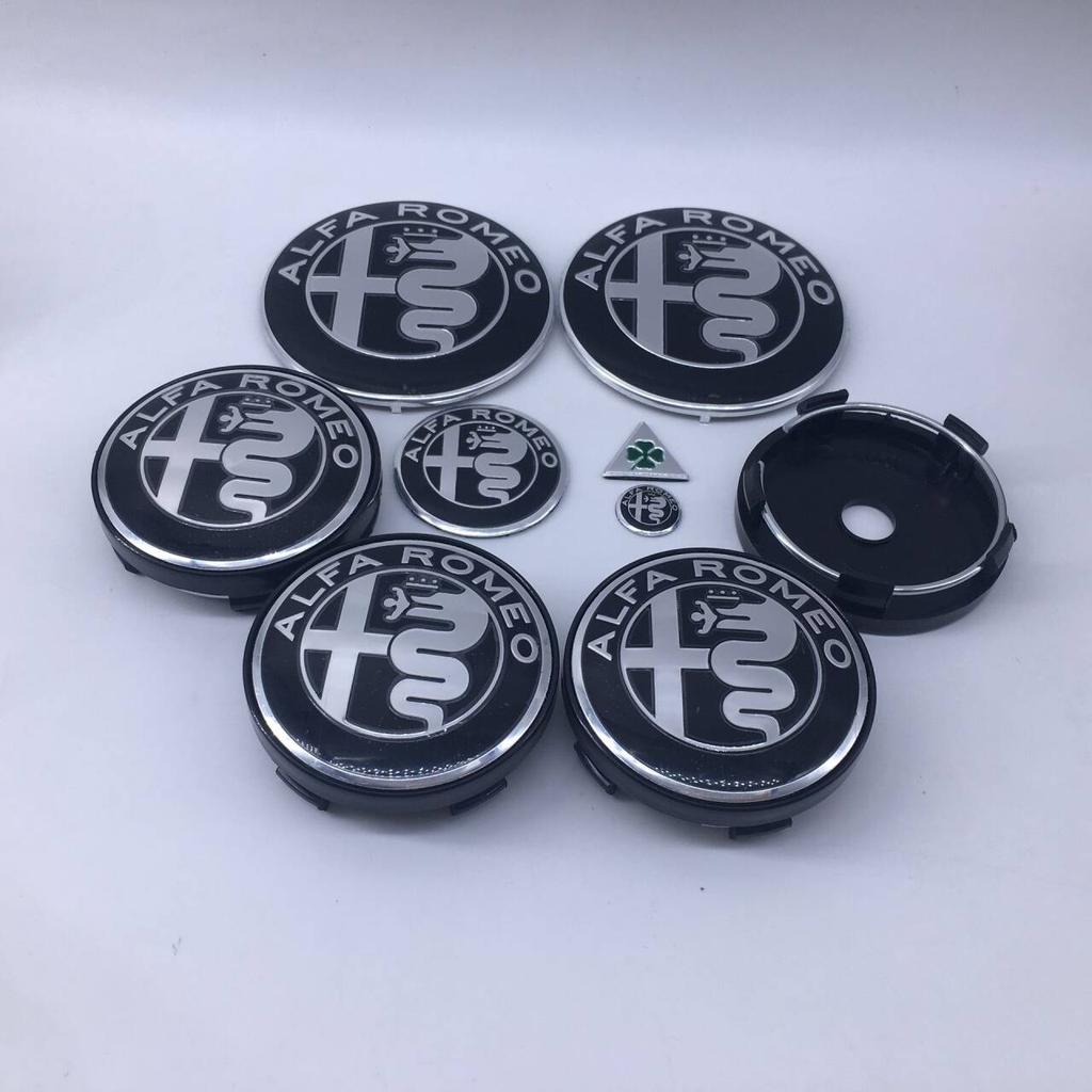 EGJCU1 1sets 9pcs For Alfa Romeo new black T60 060 60mm black caps 74mm Steering Wheel Badge Car Hood Front Emblem Giulia Stelvio Mito