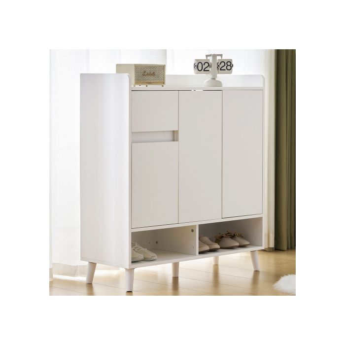 Buffet/armoire à chaussures - MUVOE - H 99 cm x L 90 cm x P 35 cm - 2 portes - Bois massif - Blanc