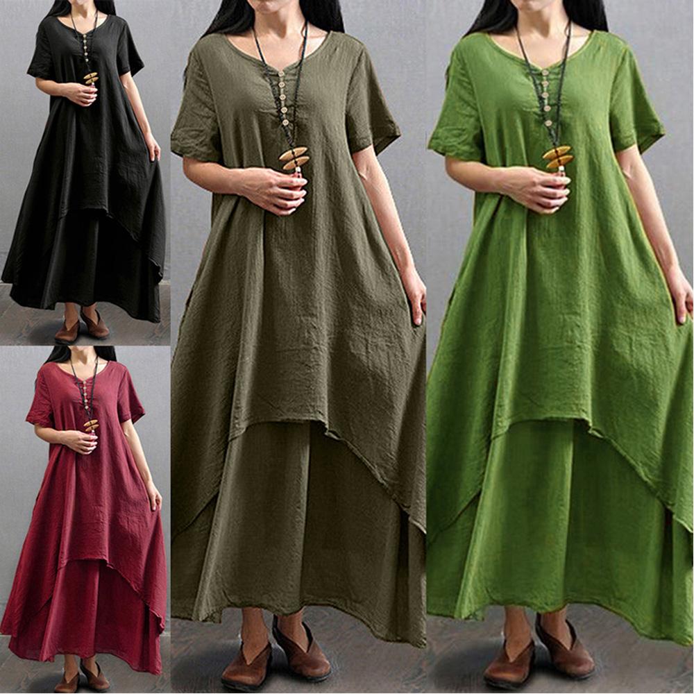 Новое модное женское повседневное свободное платье сплошного цвета с коротким рукавом в стиле бохо летнее длинное платье макси