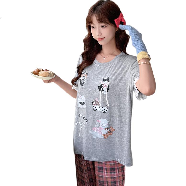 MiiOW [With Chest Pads] Sweet Plaid Puppy Cartoon Pajamas for Women, Summer Cute Lace Trim Loungewear, Soft And Comfortable Sleepwear