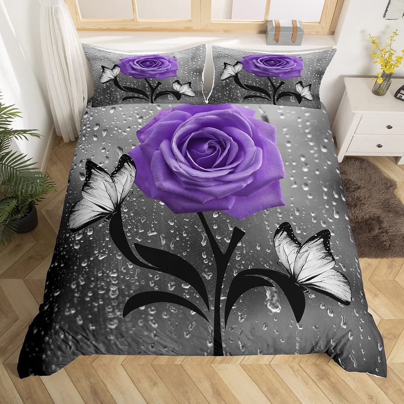 Purple Rose Duvet Cover Set Queen Size Romantic Flowers Bedding Set Valentine'S Day Floral Comforter Cover Lover Couple Gift