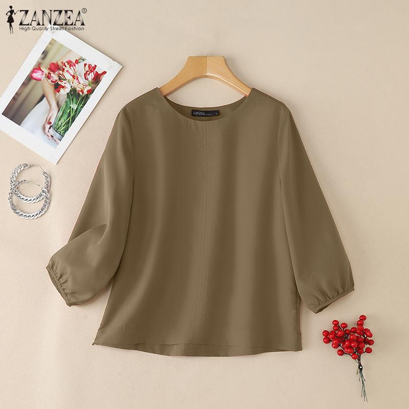 ZANZEA Women Casual Round Neck Solid Color 3/4 Sleeve Blouse