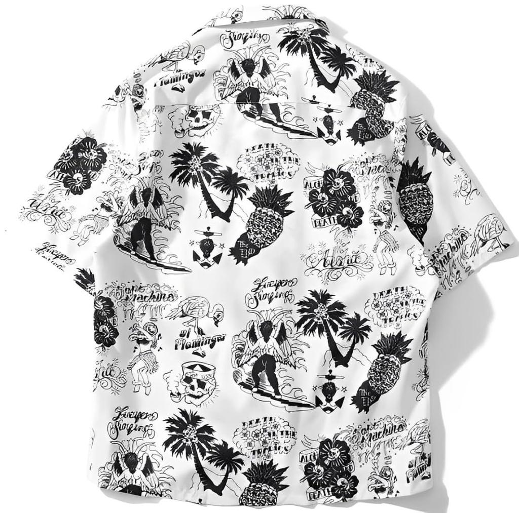 Aspersio Short Sleeve Aloha Top with Ora Slightly White Men's Shirt, All-Over Print, Stylish, Open-Collar Skull, Button-Down, Pineapple, Hibiscus,