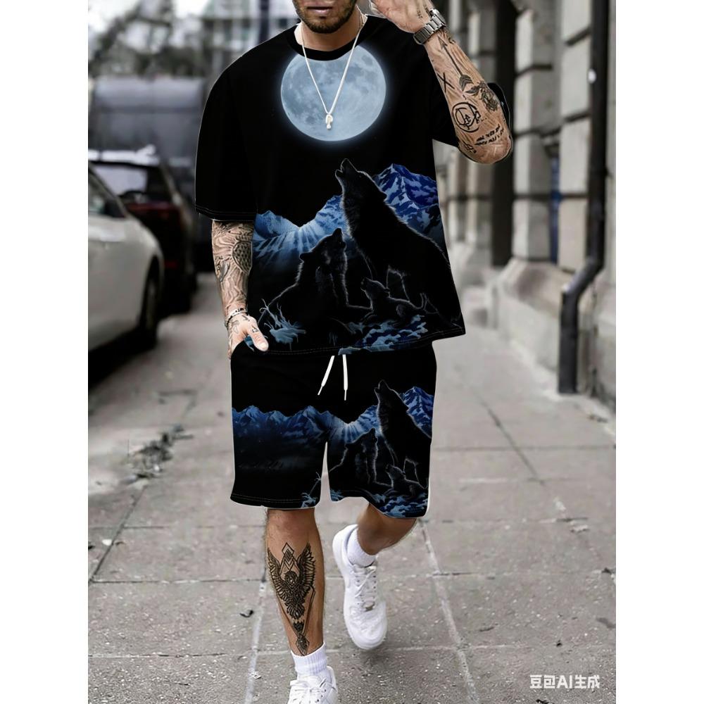 Мужской комплект: футболка с коротким рукавом и шорты с принтом «Звездное небо и стая волков»