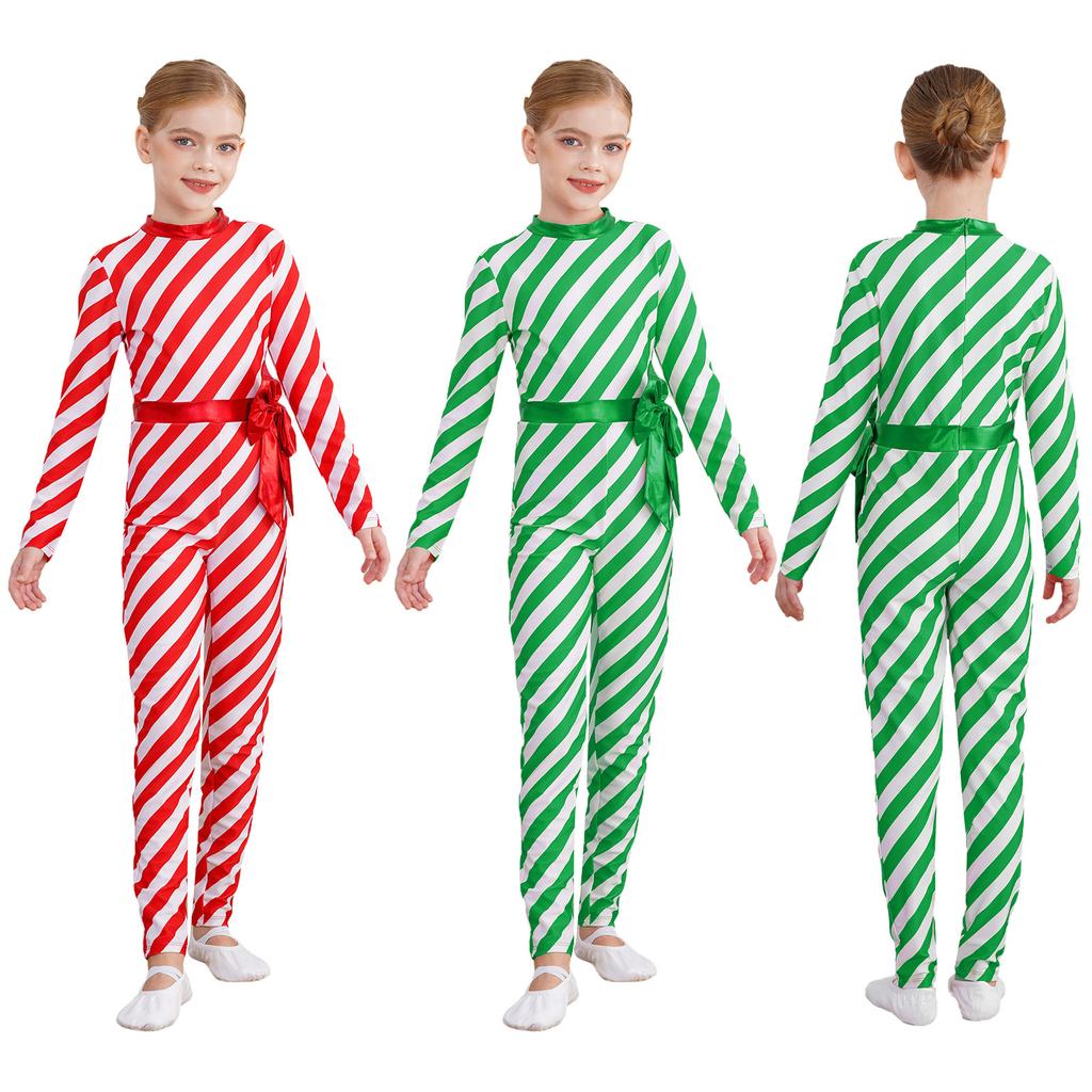 Girls Candy Cane Costume Striped Design Long Sleeve Bow Knot Bodysuit Dance Jumpsuit Christmas Party Outfit