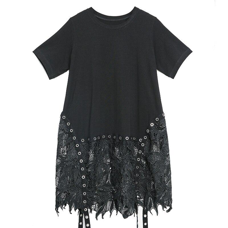Летняя Новая Уличная Одежда Длинное Кружево Свободная Женская Футболка Топы 2020 Круглый Вырез Пэчворк Необычная Женская Футболка с Коротким Рукавом