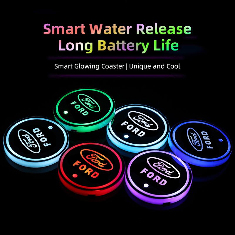 Car Coasters USB Charging Anti-slip Cup Pad Seven-color LED Auto Interior Ambient Light For Ford Focus Mondeo Kuga MK2 F150 MK7 VG1