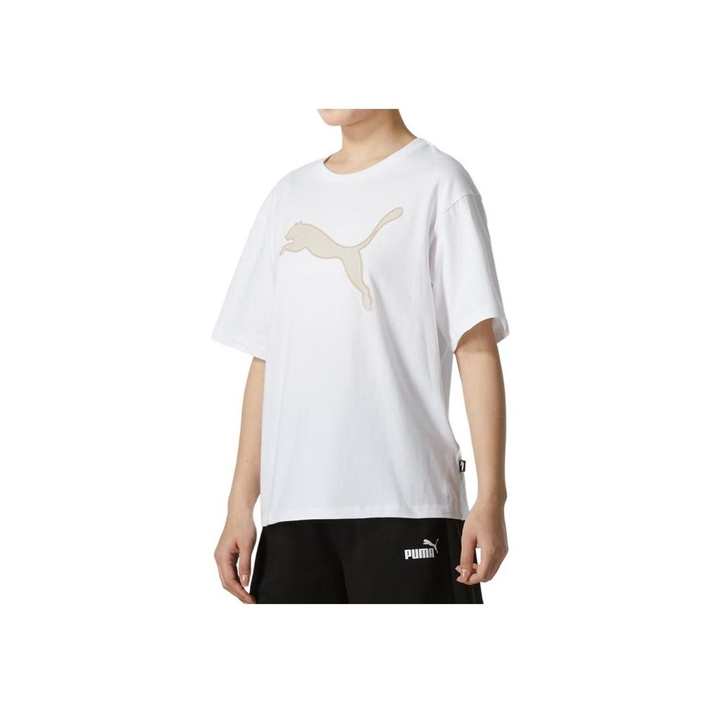 Puma Logo Print Simple Breathable Sports Training Outdoor Leisure Round Neck Short Sleeve Drop Shoulder T-Shirt Women Tops White 682164-02